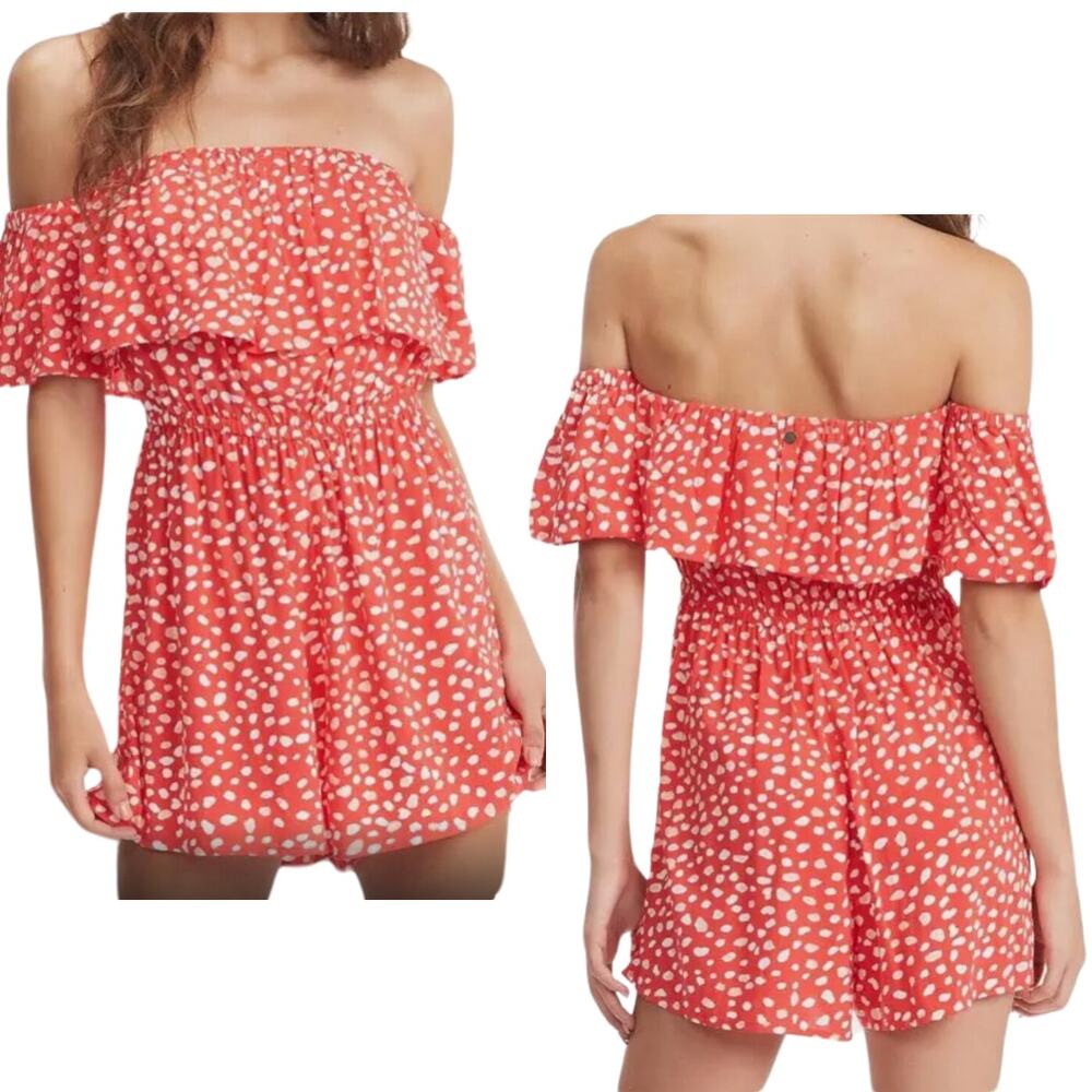 Roxy Red White Polka Dot Off Shoulder Ruffle Romper Womens XL Retro Pinup